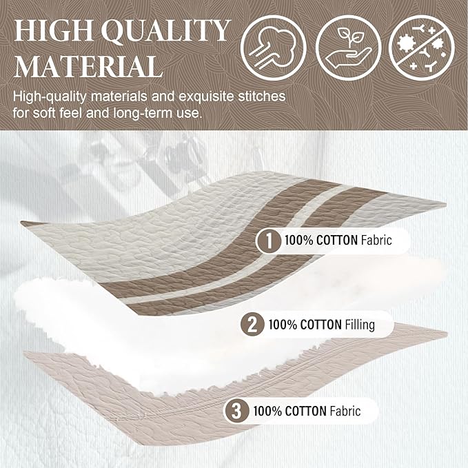 SahSahCasa 128"x120" 100% Cotton Oversized California King Bedspread Coverlet Striped Quilt Set, Cal King Quilted Bedspread Extra Large Quilt, XL Bed Spread Lightweight Comforter, Brown/Camel/Cream
