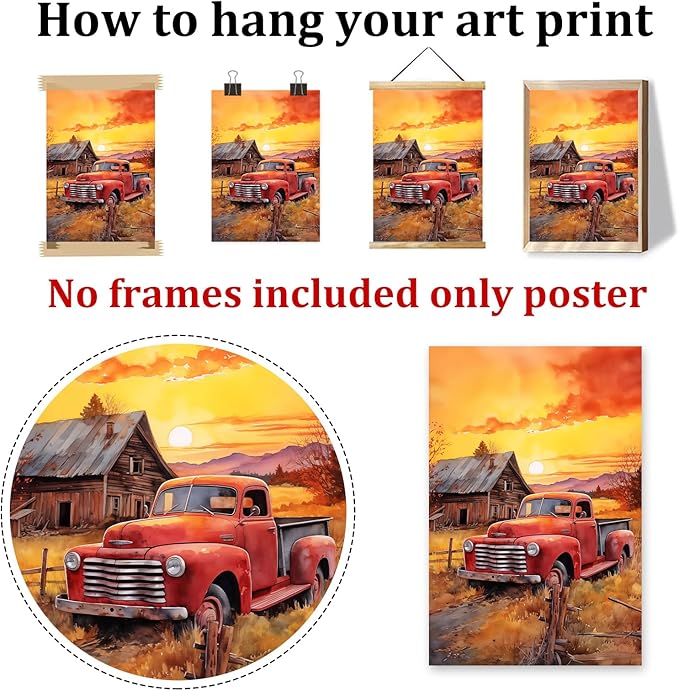 Farmhouse Scenery Canvas Red Truck Picture Farm Tractor Wall Art Old Barn Posters Old Tractor Painting Country House Artwork Rustic Landscape Picture Sunset Farmhouse Wall Art 16x24in No Frame