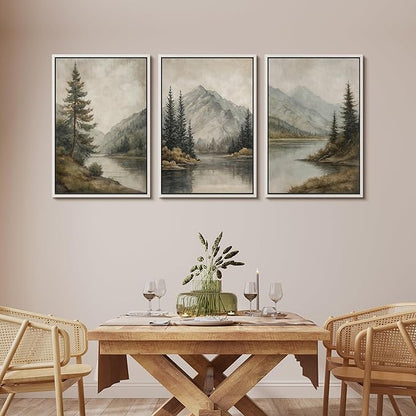 MUDECOR Framed Wall Art Print Set Mountain Landscape Nature with Trees, Lake, and Mountains, Rustic Illustrations Modern Art Decorative Colorful for Living Room, Bedroom, Office - 24"x36"x3 White