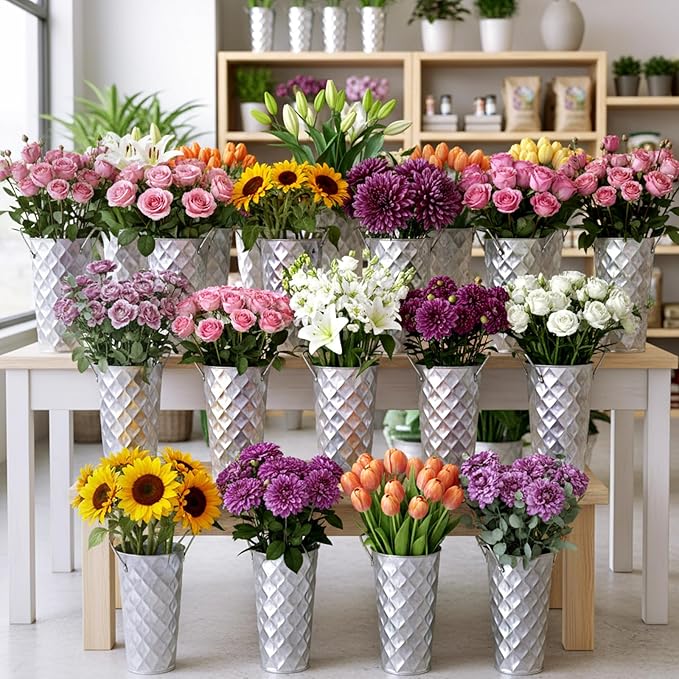 6 Pcs Silver Metal Flower Vases 9 Inch Galvanized Flower Bucket Spring Farmhouse French Bucket with Handles, Floral Vases for Centerpiece Bar Wedding Bouquet Table Decoration Supplies