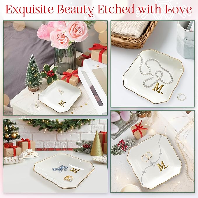 OASSIE Valentines Day Gifts for Her - 4"x4" Initials Ceramic Jewelry Dish Tray Letter M - Engagement Gift for Couples, Wedding Bridal Shower Gift for Bride, Monogrammed Gifts for Women Friends Mom