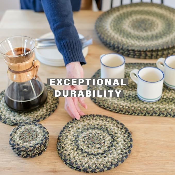 Homespice Pinecone Jute Braided Placemats, Warm Country Rustic Decor, Set of 4, Green 13x19 Oval Table Mats - Vibrant Colors, Durable, Easy to Clean and Protects Furniture