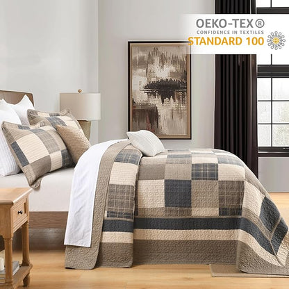 Finlonte 102"x120" Oversized Queen Bedspread - 100% Cotton Lightweight Quilted Bedspreads Coverlet Set, Farmhouse Plaid Bedding Reversible Oversized Queen Quilt with 2 Pillow Shams, Brown/Beige/Cream
