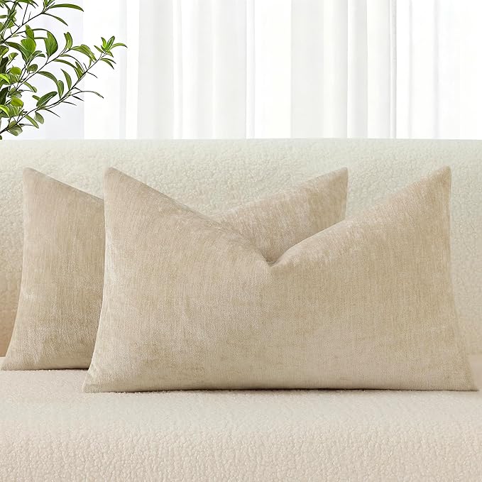 decorUhome Chenille Beige Spring Throw Pillow Covers 12x20 Inch Set of 2, Decorative Soft Couch Pillow Covers Solid Dyed Accent Farmhouse Neutral Rectangle Pillow Cases for Sofa