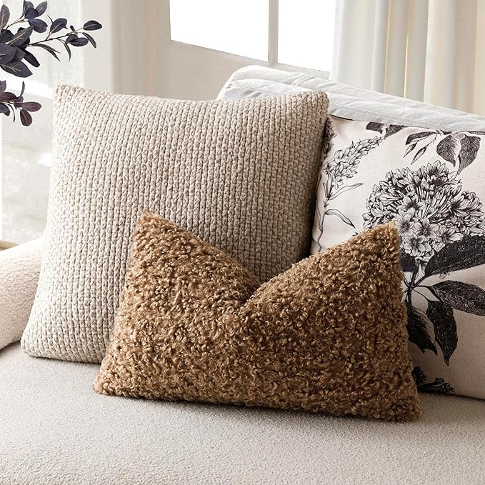 Foindtower Set of 2 Curly Teddy Wool Pillow Covers Decorative Boucle Textured Lumbar Throw Pillow Faux Fur Sherpa Pillowcases Sheepskin Fuzzy Cushion Case for Sofa Bedroom Car 12"x20" Dark Bronze