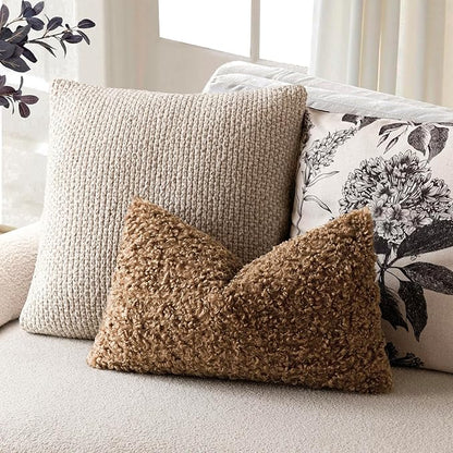 Foindtower Set of 2 Curly Teddy Wool Pillow Covers Decorative Boucle Textured Lumbar Throw Pillow Faux Fur Sherpa Pillowcases Sheepskin Fuzzy Cushion Case for Sofa Bedroom Car 12"x20" Dark Bronze