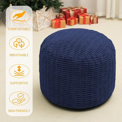 Round Stuffed Pouf Ottoman for Foot Rest, Storage Ottoman Pouf Foot Stool Cushion, Faux Fur Poufs with Foam Chunk Filling, 26 X 18 Inch Floor Chair for Living Room Bedroom Home Decor, Navy Blue