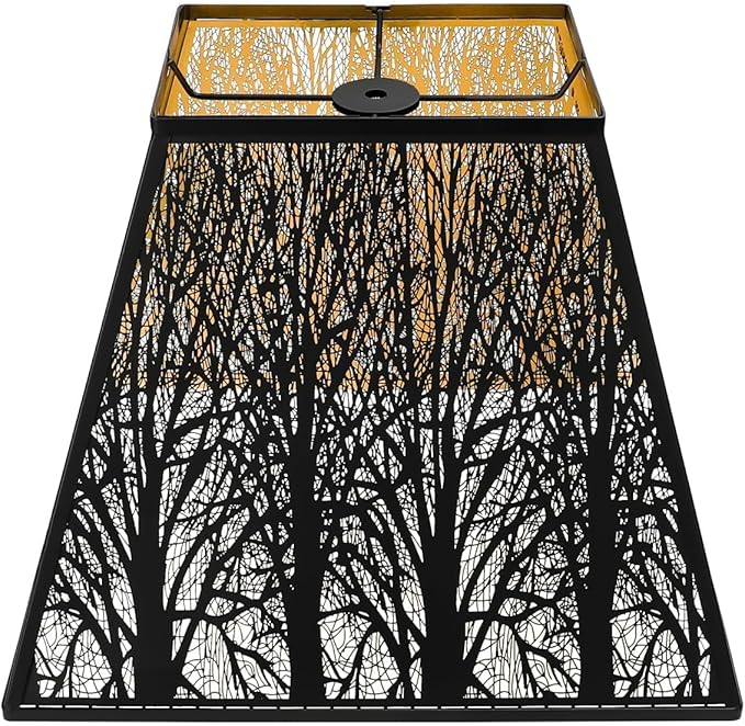 Large Metal Lampshade New Pyramid Shape Design 8'' Top 14'' Bottom 11'' Height ALUCSET Square Bell Shade Lamp Shade Forest Design Black and Gold fits for Table Lamps and Floor Lamps