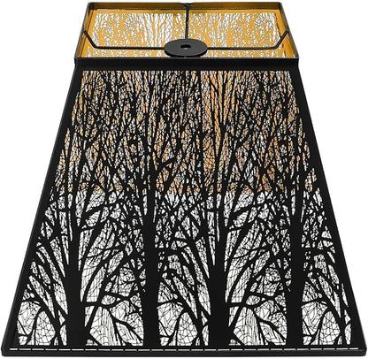 Large Metal Lampshade New Pyramid Shape Design 8'' Top 14'' Bottom 11'' Height ALUCSET Square Bell Shade Lamp Shade Forest Design Black and Gold fits for Table Lamps and Floor Lamps