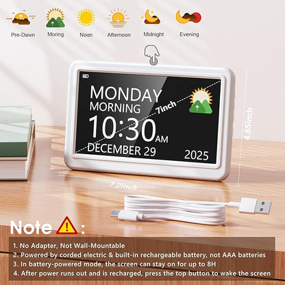Rechargeable Digital Clock with Day and Date for Elderly, 7" Large Digital Calendar Clock for Seniors, 20 Alarms & Medication Reminders, Auto DST/Dimmer, 12 Themes, Best Gifts for People with Dementia