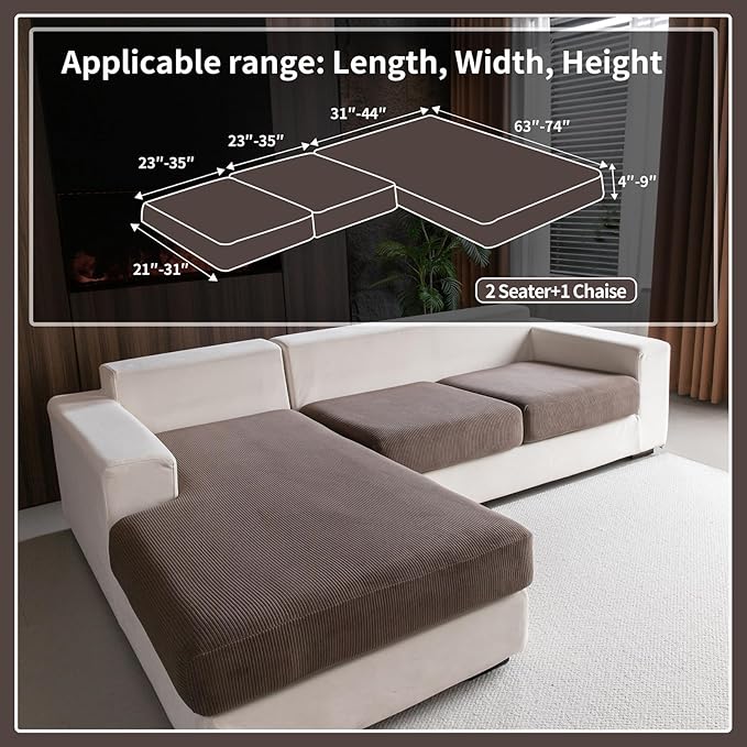 Sectional Couch Covers, Wear Resistant Stretch Sofa Covers Washable Soft Couch Cushion Covers Anti Slip Furniture Protector Sofa Slipcovers for Pets(3 Pieces 2 Seaters+1 Chaise, Brown)
