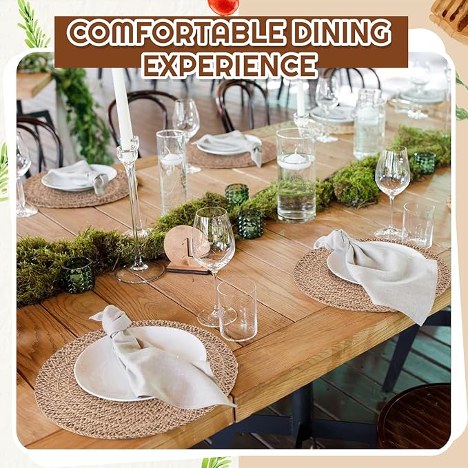 12 Pcs Jute Placemats Boho Braided Woven Table Mats for Dining Table Farmhouse Coasters for Thanksgiving Christmas Party Wedding Events (Classic,13 Inches)