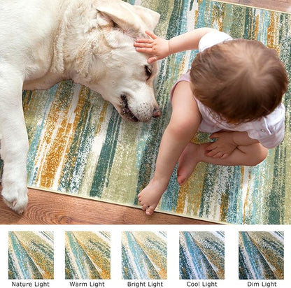 Modern Abstract Runner Rug 2.6x12, Green Mustard Multi Washable Long Kitchen Runner Non-Slip Soft Hallway Rug Runner Thin Print Faux Wool Carpet for Entryway Bedroom Laundry Room Indoor
