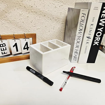 Marble Pen Holder, White Stone, Rectangular Desktop Organizer for Office Study (white 3 layer)