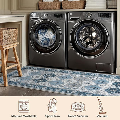 Lessymo Moroccan Washable Rugs for Entryway, Faux Wool 2x3 Small Area Rug for Kitchen Bathroom Corridor - Non-Slip Indoor Door Mat Low Plie Stain Resistant Boho Runner Rug, Muted Blue and Gray