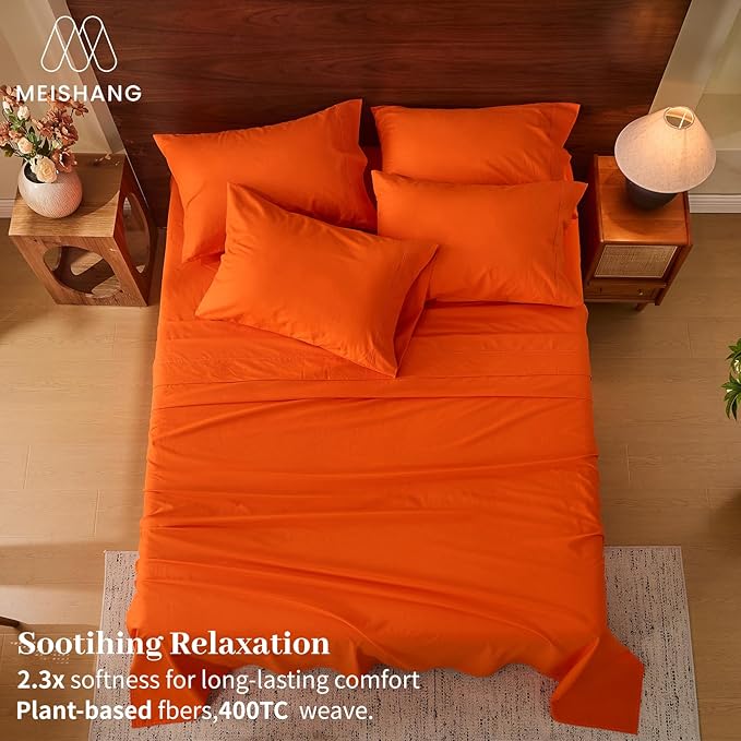 MEISHANG 100% French Pure Linen Sheets California King Size - Extra Deep Pocket Sheet Set, Soft Durable Flax Linen, Anti-Tear Breathable & Oeko-Tex Certified 18-24 Deep Pocket,All Season(Orange)