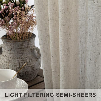 Pitalk Flax Linen Curtains 5 FT Wide by 84 Inches Long for Bedroom Sheer Linen Large Drape Light Filter Extra Wide Curtains for Living Room Dining Hall 2 Panel Set Back Tab Pocket 60 x 84 Length Beige