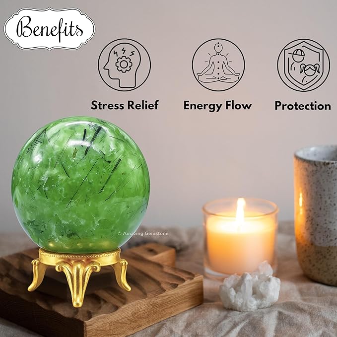 Amazing Gemstone Prehnite Crystal Ball with Stand - 1.5 Inches Crystal Sphere Meditation Balls for Witchcraft and Decorative Balls