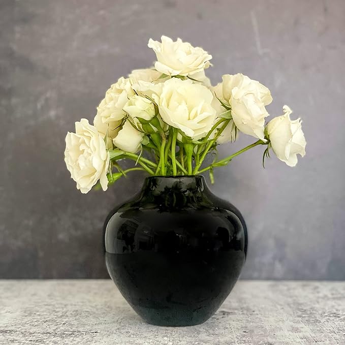 Willowy 5 Inch Round Black Ceramic Vase with Glossy Finish - Modern Vase for Flowers, Home Decor