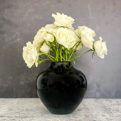 Willowy 5 Inch Round Black Ceramic Vase with Glossy Finish - Modern Vase for Flowers, Home Decor