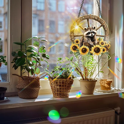 Bimkole Raccoon Sun Catchers Indoor Window - Sunflowers Acrylic Suncatcher Hanging Decoration for Living Room Bedroom Summer Home Balcony Outdoor Garden Ornaments Decoration 7.8x7.8 Inch
