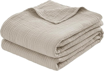 100% Cotton Muslin Queen Blanket (90" x 90") – A Luxuriously Soft, 4-Layer Lightweight and Breathable Gauze Blanket, Perfect for Year-Round use on beds, couches (Khaki, Queen)