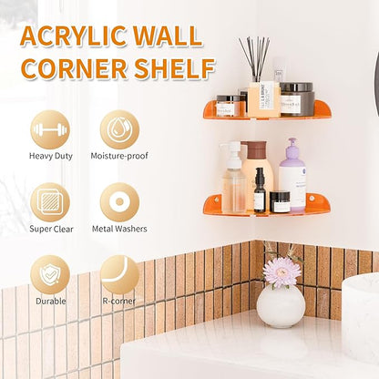 Sezanrpt 7x7 Inch Corner Shelf Wall Mount Set of 2, Orange Acrylic Corner Floating Shelves, Corner Wall Organizer Shelf for Bathroom, Kitchen, Bedroom, Living Room, Dining Room, Office