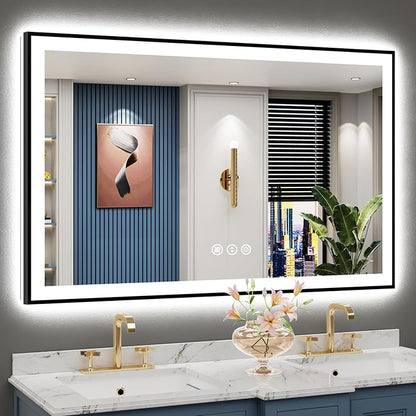 50x32 Inch Black Framed LED Bathroom Mirror with Lights, Backlit & Front Lit, Anti-Fog Lighted Vanity Mirrors for Bathroom Wall, Dimmable, 3-Color Light, Memory, Shatter-Proof, Tempered Glass