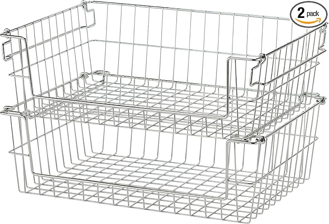 TRINITY 2-Pack Stackable Metal Wire Storage Baskets With Handles, EcoStorage Chrome, 19 Inches