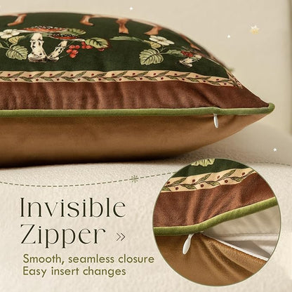 Grandmillennial Holly Deer Green Pillow Cover, Velvet Euro Sham Covers Decorative Throw Pillow Covers 18x18 for Couch Sofa Bed Living Room, Christmas & Holiday