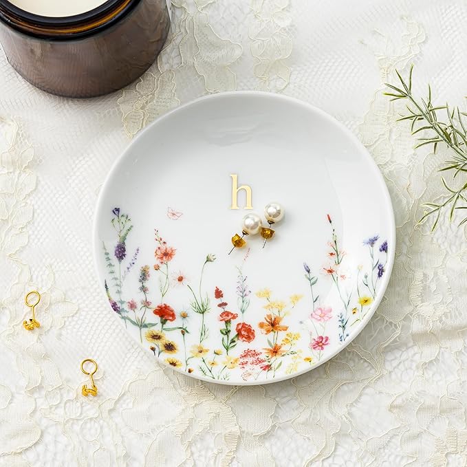 Crisky Initial Jewelry Tray Ring Dish & Gift Box, Ceramic Flower Trinket Dish for Rings Earrings Necklaces Keys, Bridal Shower Engagement Birthday Gift for Women, Friends 4.57" (Gold Foil H