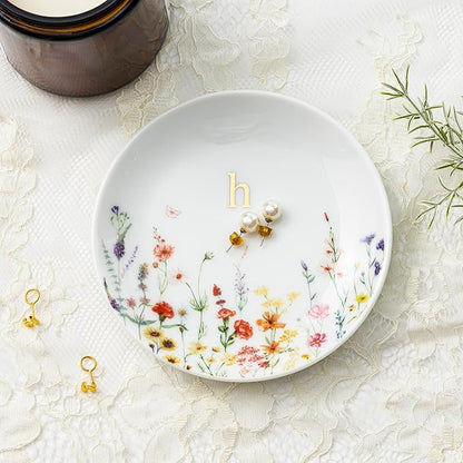 Crisky Initial Jewelry Tray Ring Dish & Gift Box, Ceramic Flower Trinket Dish for Rings Earrings Necklaces Keys, Bridal Shower Engagement Birthday Gift for Women, Friends 4.57" (Gold Foil H