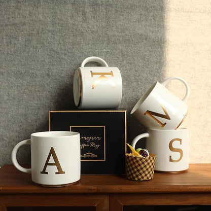 COLLECTIVE HOME - Monogram Ceramic Mugs, 15 oz Golden Initial Coffee Cups, Elegant Alphabet Tea Mugs, Elegant Personalized Mug with Gift Box, Unique Mug with Double Side Capital Letter (A)