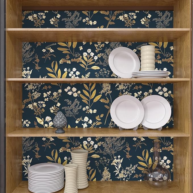 Dark Blue Leaf Wallpaper Peel and Stick Dark Blue Floral Wallpaper for Bedroom Vintage Leaf Contact Paper Waterproof Self Adhesive Boho Floral Wall Paper for Bedroom Walls Countertop 17.5in x 197in