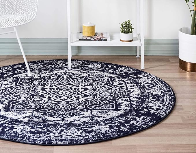 Rugs.com Arlington Collection Rug – 8 Ft Round Navy Blue Medium-Pile Rug Perfect for Kitchens, Dining Rooms
