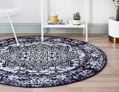 Rugs.com Arlington Collection Rug – 8 Ft Round Navy Blue Medium-Pile Rug Perfect for Kitchens, Dining Rooms