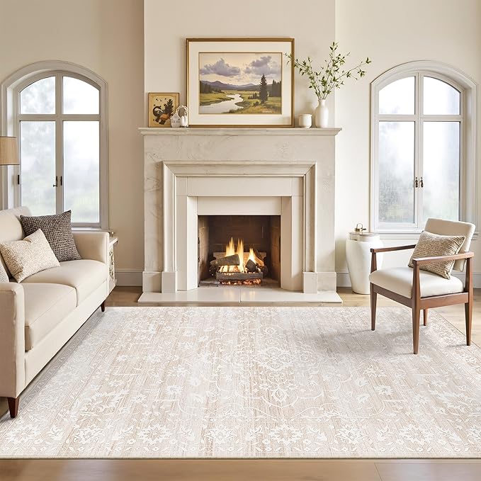 Area Rugs 4x6 for Living Room, Stain Resistant Neutral Washable Rugs for Dining Room, Kitchen, Floral Vintage Non-Slip Area Rug Farmhouse 4x6 Beige Rug