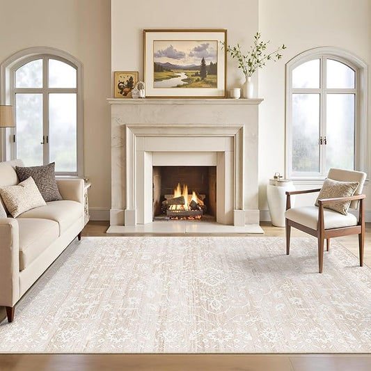Area Rugs 4x6 for Living Room, Stain Resistant Neutral Washable Rugs for Dining Room, Kitchen, Floral Vintage Non-Slip Area Rug Farmhouse 4x6 Beige Rug