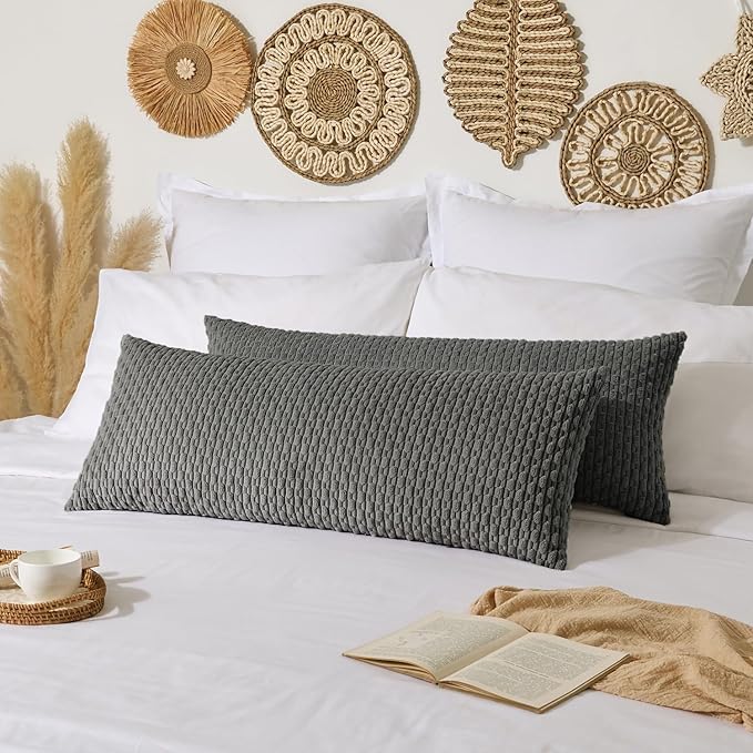 Kevin Textile 20x54 Inch Long Body Lumbar 1 Pack Boho Decorative Throw Pillow Cover Soft Striped Corduroy Rectangle Cushion Case Farmhouse Accent for Living Room Couch Sofa Bed, Dark Grey