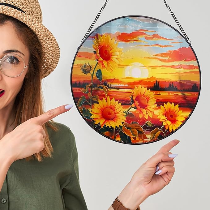 Sunflower Suncatcher Hanging Stained Glass Window Decor, Sunset Sun Catcher Wall Decor for Flower Lovers, Birthday Christmas Thanksgiving Sunflower Gift (25cm/9.8'')