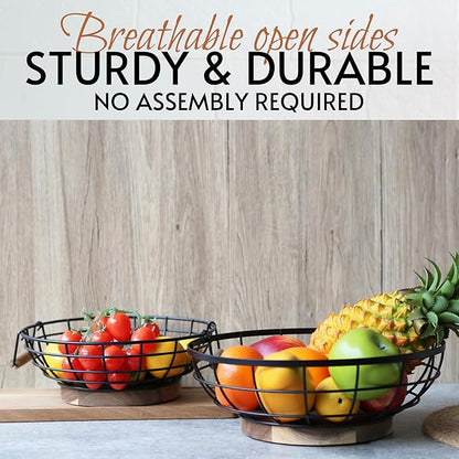 Fruit Basket,black Wire Basket with Acacia Wood Base,large Fruit Bowl for Countertop,black Baskets for Fruits, Breads, Vegetables Storage. (10-inch)