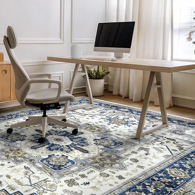 Machine Washable Area Rug 8x10 - Large for Living Room Vintage Oriental Soft Rugs, Low Pile Thin Floor Carpet with Non Slip Backing for Bedroom, Dorm, Under Dining Room Table, Indoor House, Office