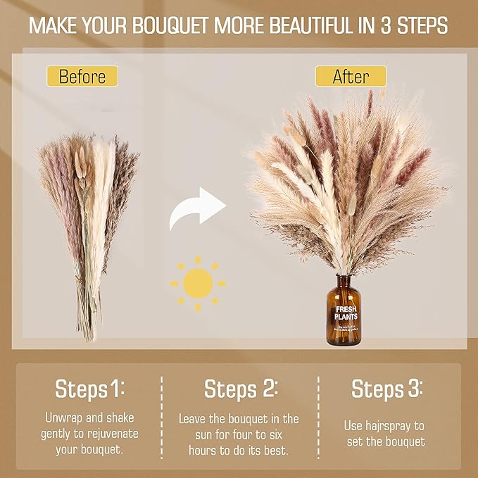 N&T NETING Dried Pampas Grass Decor- White Pampas Grass, Brown Pampas, Bunny Tail, Reed, Fluffy Dried Pompas Grass Flower for Home Wedding Table Vase Boho Modern Decor, 75Pcs