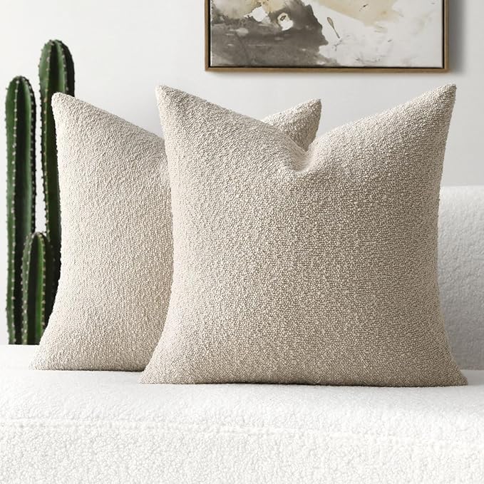 FUTEI Pack of 2 Beige Decorative Throw Pillow Covers 22x22 Inch Soft Cozy Solid Boucle Textured Cushion Case,Modern Home Decor for Couch Bed Living Room