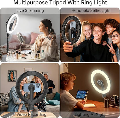 10.2" Magnetic Ring Light with 64" Tripod for iPhone Mag Safe, 5000mAh Rechargeable Ring Light with Stand, 3000k-6500K Phone Tripod with Light for Video, Photography, Live Stream, TikTok, YouTube