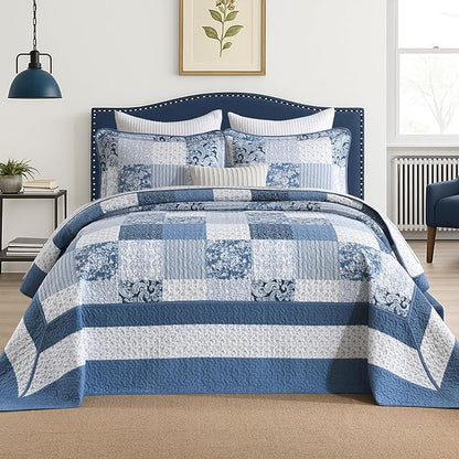 SahSahCasa 100% Cotton 120"x120" Oversized California King Bedspread Coverlet Quilt Set, Cal King Plaid Paisley Floral Extra Large Reversible XL Bed Spread Lightweight Comforter, Blue/White/Gray