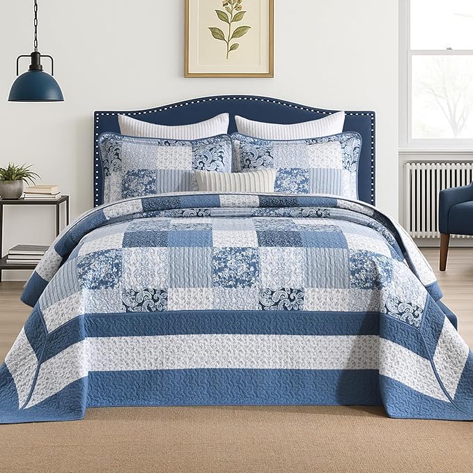 SahSahCasa 100% Cotton 120"x102" Oversized Queen Bedspread Coverlet Quilt Set, Plaid Paisley Floral Extra Large Reversible XL Bed Spread Lightweight Comforter, Blue/White/Gray
