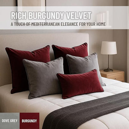 2 Pack Velvet Decorative Throw Pillow Covers, 20"x20", Burgundy, Solid, Modern, Contrast Piping, Indoor Use, Bedroom & Living Room