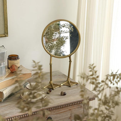 NIKKY HOME Vintage Gold Vanity Round Mirror with Duck Feet Stand, Antique Makeup Desk Small Tabletop Mirror for Bedroom Living Room Dressing Room