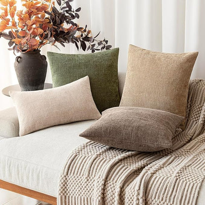 Foindtower Pack of 2 Soft Textured Chenille Throw Decorative Pillow Covers Square Accent Solid Cushion Cover Cozy Neutral Farmhouse Pillow Case for Couch Sofa Bedroom Living Room 20x20 Inch,Dark Green